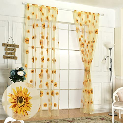 Ufurty 2pcs Sunflower Window Curtain Yellow Floral Voile Sheer Curtains - color: Yellow, size: 39.4"W x 78.7"L (Pack of 2)