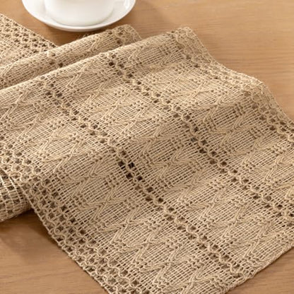 Boho Macrame Table Runner Jute Burlap Small Dresser Runner - color: Burlap Brown, size: 12" × 90"