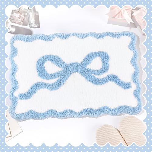Tinideya Blue Bow Bathroom Rug 16" x 24" Scalloped Bow Bath Mat - color: Blue, size: 16" x 24" (Rectangular)