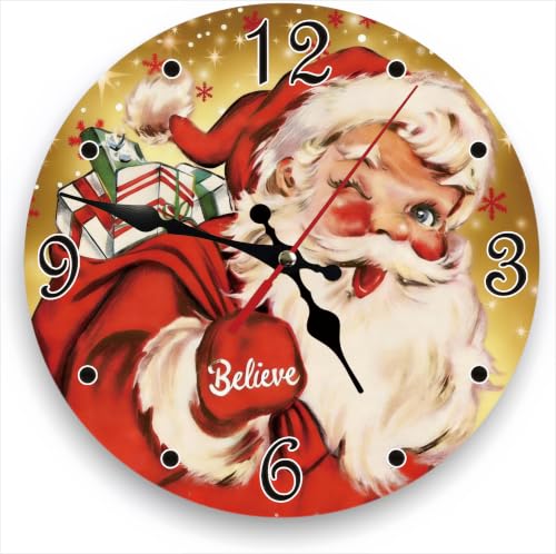 Vintage Santa Claus Silent Non Ticking Wall Clock 12 Inch, Battery Operated, Christmas Gold Round Wood Wall Clocks, Decorative for Living Room, Kitchen, Bedroom, Bathroom, Dining Room, Gifts - color: Vintage Santa Claus-christmas Gold