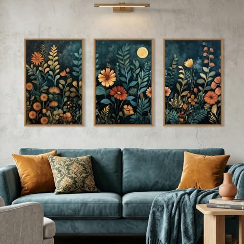Celestdeco Moody Blue Floral Botanical Framed Canvas Wall Art Set-24"x36"x3 | Vintage Flower Wall Decor,Retro Boho Wildflower Wall Painting,Rustic Blossom Plant Artwork for Living Room,Bedroom,Office - color: Vintage Floral Wall Art, size: 24"L x 36"W