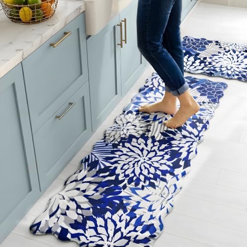 ZonLi Kitchen Mats for Floor 2PC Anti Fatigue Kitchen Rug Non Slip Washable - color: Blue White, size: 17.3"x30"+17.3"x47"inch