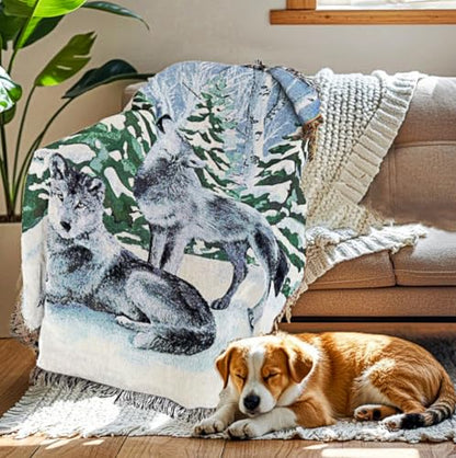 Lodge Wolf Woven Tapestry Throw Blanket 50 X 60 Inches - color: Wolves