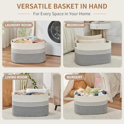 Laundry Hamper with Handles, 72L Rope Laundry Basket, Grey & White - color: Grey & White, size: 72L
