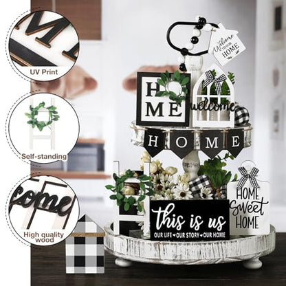 FairySandy 11 Pcs Home Tiered Tray Decor This is us Rustic Wooden Signs - style: Plaid