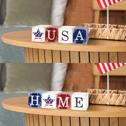 COCHIE 4th of July Decorations Wooden Stars, Patriotic Memorial Day Star Tiered Tray Decor Set of 4, Fourth of July Red White Blue Decoration for Home Office Table Shelf - style: USA HOME Sign