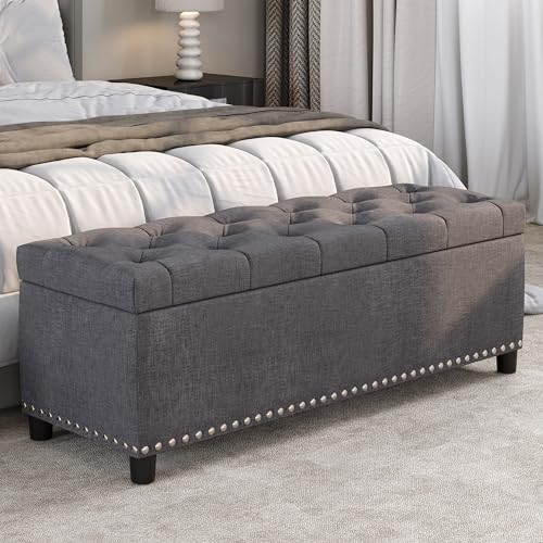 BELLEZE Storage Ottoman, Tufted Ottoman with Close Hinge, Foot Rest for Living Room (Gray, 47 inch) - color: Gray a