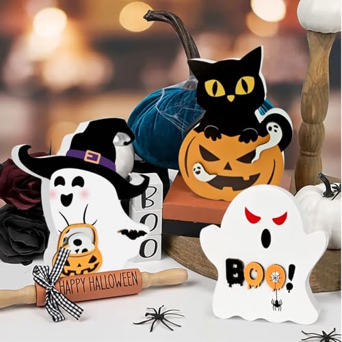 RCHCUDI 3 Piece Style Cute Wooden Ghosts Halloween Decorations indoor Table Decorations Cute Pumpkin Cat Signs Wizard Hat Wooden Blocks Boo Ghost Sign