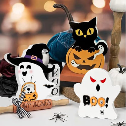 RCHCUDI 3 Piece Style Cute Wooden Ghosts Halloween Decorations indoor Table Decorations Cute Pumpkin Cat Signs Wizard Hat Wooden Blocks Boo Ghost Sign