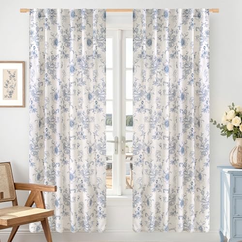 LAMIT Navy Blue Linen Floral Curtains 72 Inch Length for Bedroom, 2 Panels - color: Navy Blue, size: 52"W x 72"L (Pack of 2)