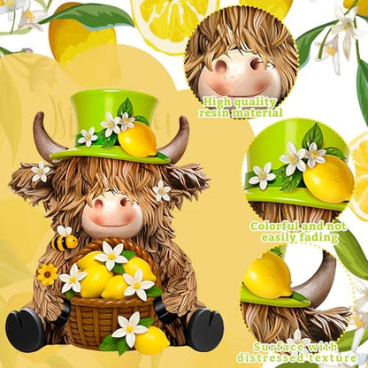 2 Pcs Resin Highland Cow Figurines Decor, Lemon Style - style: Lemon