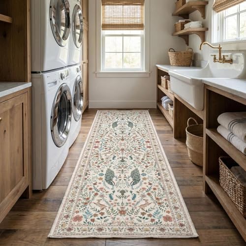 Garvee Floral Runner Rug 2x6 Washable Runner Rug Peacock Print Soft Beige - color: Beige, size: 2' x 6' (Rectangular)