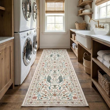 Garvee Floral Runner Rug 2x6 Washable Runner Rug Peacock Print Soft Beige - color: Beige, size: 2' x 6' (Rectangular)