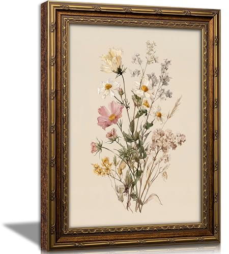 Vintage Gold Framed Floral Wall Art, Retro Flower Botanical Canvas Print - color: Dried flower, size: 11"LX9"W
