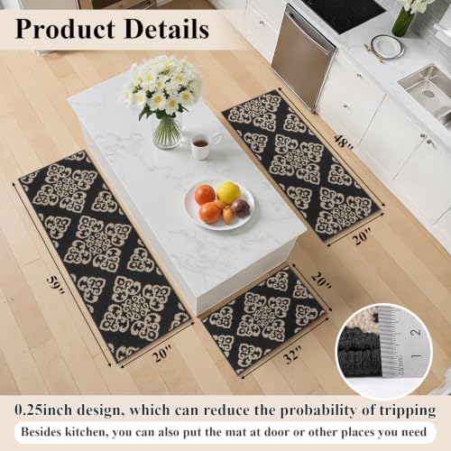U'Artlines 3-Piece Kitchen Rug Set Damask Medallion Floor Mats - color: Damask Black