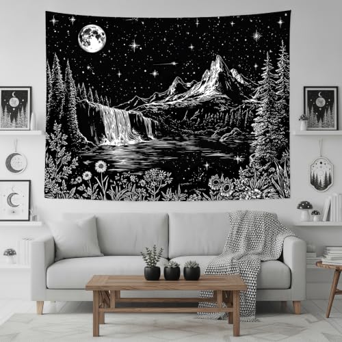 Accnicc Black and White Forest Mountain Tapestry 80x60 Inch - color: Black and White Waterfall, size: 80"L x 60"W