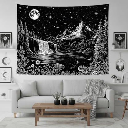 Accnicc Black and White Forest Mountain Tapestry 80x60 Inch - color: Black and White Waterfall, size: 80"L x 60"W