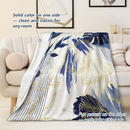 Blue Leaf Throw Blanket, Navy Blue and Gold, 60x80 in - color: Blue, size: 60"Wx80"L