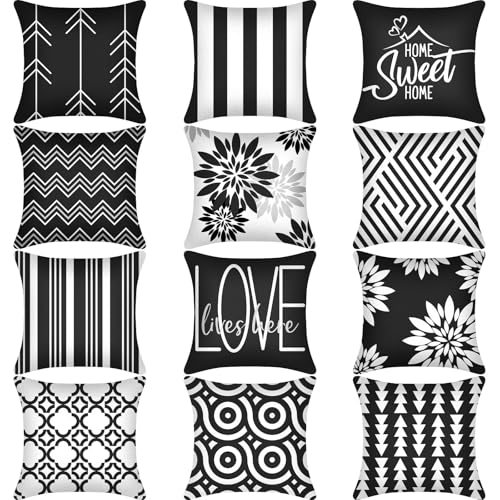 Flutesan 12 Pcs Pillow Covers 18x18 Geometric Linen for Couch, Black - color: Black