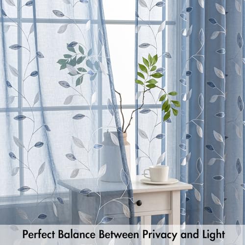 MIULEE Dusty Blue Sheer Curtains 2 Panels Leaf Patterned, W52 x L63 - color: Dusty Blue, size: 52"W x 63"L (Pack of 2)