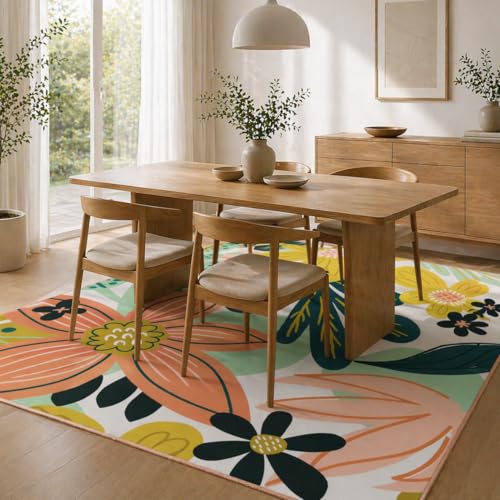 Tyrot Boho Floral Living Room Rug, 5x7 Rug Washable Tropical Botanical Area Rugs Flat Woven Ultra-Thin Non Slip Low Pile Carpet for Bedroom, Dining Room, Office, Kids Room, Pink Green - color: Rose Garden, size: 5' x 7' (Rectangular)