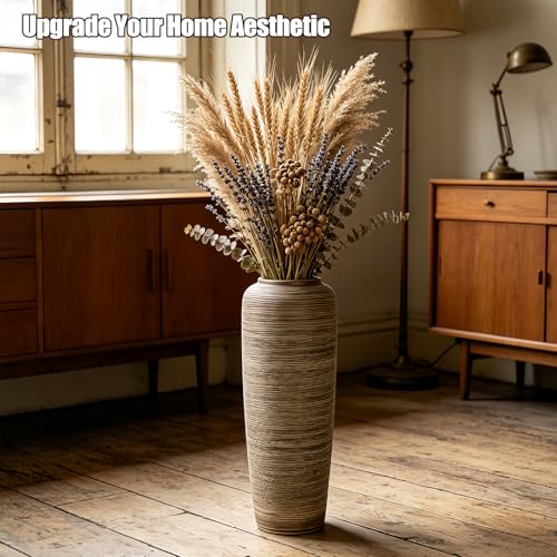 Brown Rustic Ceramic Floor Vase, 19.7 Inch, Ribbed Texture - size: 19.7 Inch