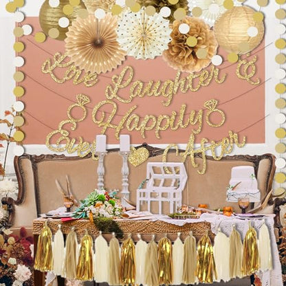 Bridal Shower Decorations,Gold Glitter Bridal Shower Decorations includes Love Laughter Happily Ever After Decorations Paper Flower Ball Wedding Decorations for Home Party Bachelorette Party Supplies - style: Gold