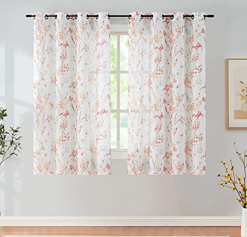Tree Print Semi Sheer Curtains for Fall 63" Orange White Branch Living Room - color: Red/Orange, size: 52"W x 63"L (Pack of 2)