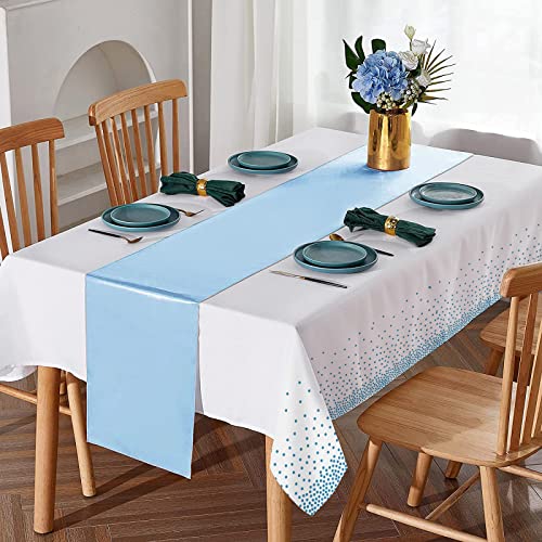 8Pack Disposable Plastic Tablecloths and Satin Table Runner Set White and Light Blue Dot Tablecloth Light Blue Satin Table Runner for Wedding Birthday Baby Shower Engagement Christmas Party Supplies - color: White and Light Blue, size: 8 Pack