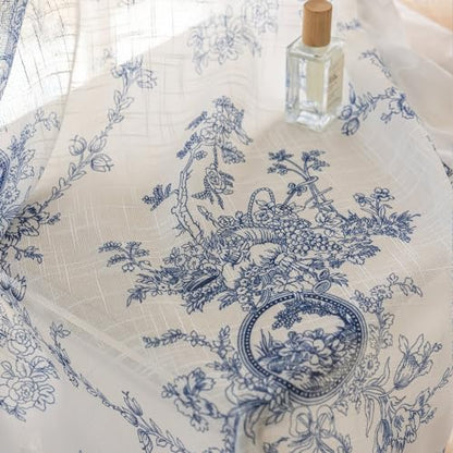 SUOUO Blue and White Toile Floral Semi Sheer Curtains 96 Inches 2 Panels - color: Blue-white, size: 52"W x 96"L (Pack of 2)