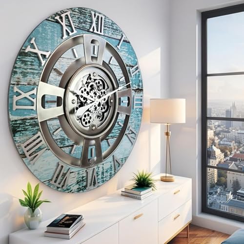ImprovingLife The Gears Clock Real Moving Gear Wall Clock England Line (Aqua Green, 36 inches (90 cm)) - color: Aqua Green, size: 36 inches (90 cm)