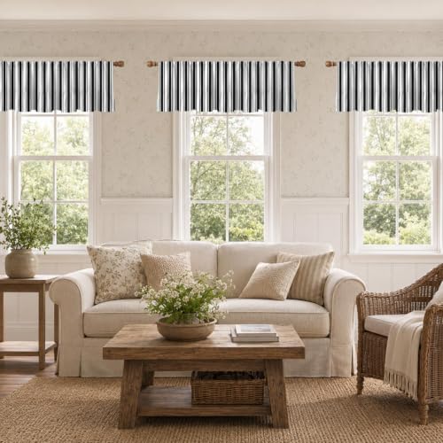 Emvency Valances for Windows Line Ruffle Hem, 2 Pack Striped 52x18 Inch, - color: Black