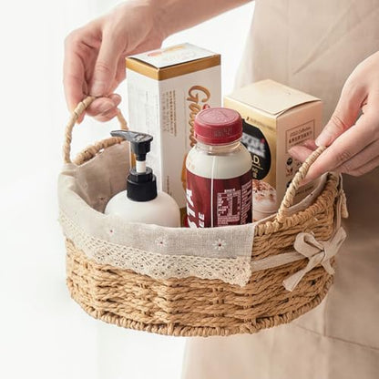 GIB Small Round Wicker Storage Baskets for Organizing with Handle and Liner - color: Beige-Round