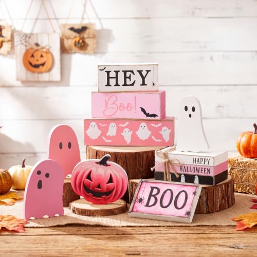11 Pcs Halloween Table Decoration Pink Ghost Wooden Tiered Tray Decor Halloween Table Centerpiece Wooden Signs for Spooky Season Ghost Party Haunted Home Kitchen Shelf - style: Pink Ghost