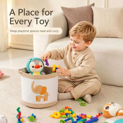 Baby Toy Basket Blanket Baskets Laundry Hamper Cute Elephant Nursery Organization Bins with Handle, Woven Cotton Rope Nursery Storage Basket For Girls Boys Kids Baby Shower Gifts Baskets