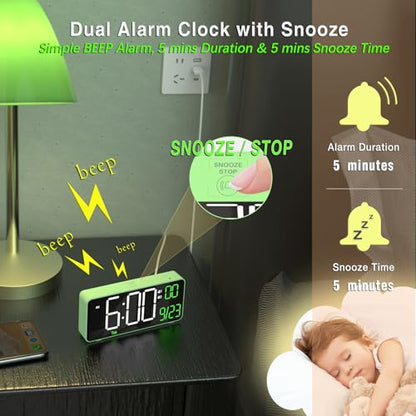 KOSUMOSU Digital Clock for Bedroom, 6.7in Desk Clock, Auto Dimming, Room Temperature, Day of The Week, Date, Seconds, Clocks for Living Room, Alarm Clocks for Bedrooms - color: Green (White + Green Digits)