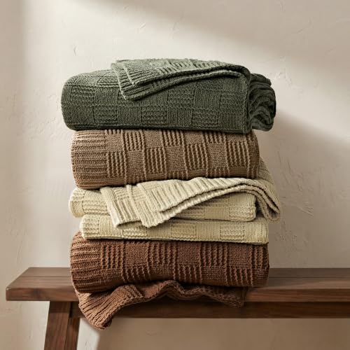 EVERGRACEHOME Modern Checkered Chenille Throw Blanket, 50x60, Beige - color: Beige, size: 50" X 60"