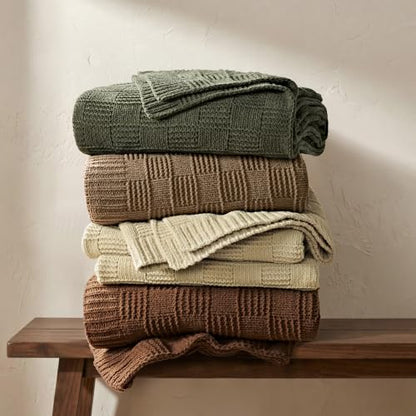 EVERGRACEHOME Modern Checkered Chenille Throw Blanket, 50x60, Beige - color: Beige, size: 50" X 60"