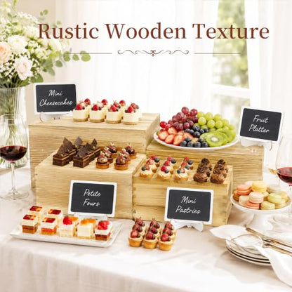 4 Pack Wooden Buffet Risers Cupcake Stand Buffet Display with Mini Signs - color: Beige, size: 4 Pcs