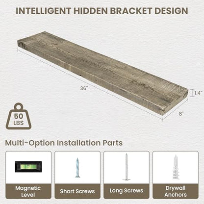 Acovy 36" Unfinished Solid Reclaimed Wood Floating Shelves, Rustic Heavy-Duty Wall Shelves, 8" Deep Floating Shelf for Living Room, Bathroom, Bedroom and Kitchen, Set of 2, Grey - color: Cement Grey, size: 36inches-2p