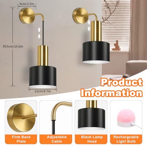 VerRon Rechargeable Wireless Battery Operated Wall Sconces Set of Two - color: Black & Gold with White, size: Rechargeable Battery Powered