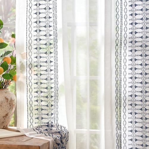 jinchan Floral Linen Sheer Boho Curtains 63 Inch Rod Pocket 2 Panels Blue - color: Boho Blue on White, size: 55"W x 63"L (Pack of 2)