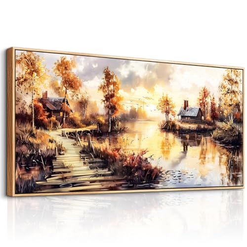 Large Framed Rustic Farmhouse Landscape Wall Art for Living Room, 40x20 In - color: Countryside Painting Wood Framed, size: 40"L x 20"W