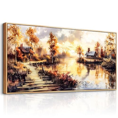 Large Framed Rustic Farmhouse Landscape Wall Art for Living Room, 40x20 In - color: Countryside Painting Wood Framed, size: 40"L x 20"W