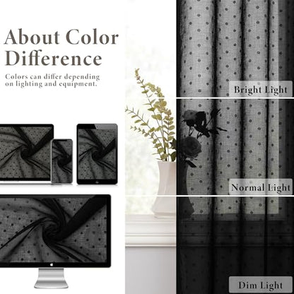 Black Sheer Curtains 108 Inches Long 2 Panels Polka Dots Pattern Grommet - color: Black, size: 52"W x 108"L (Pack of 2)