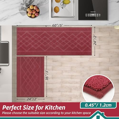 BEQHAUSE Kitchen Rugs Set of 2 Non Slip Runner, 24"x36"+24"x60", Red - color: Burgundy Red, size: 24" X 36" + 24" X 60"