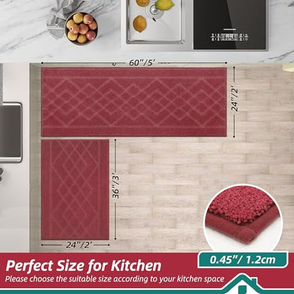 BEQHAUSE Kitchen Rugs Set of 2 Non Slip Runner, 24"x36"+24"x60", Red - color: Burgundy Red, size: 24" X 36" + 24" X 60"