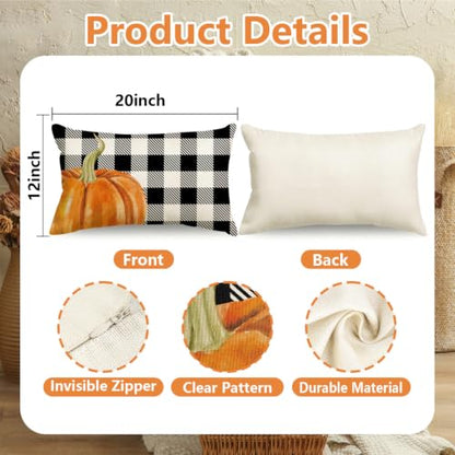 Fall Pillow Covers 12x20 Thanksgiving Farmhouse Decorations Buffalo Plaid Pumpkin Maple Leaf Outdoor Fall Decor Throw Pillow Covers Blessed Autumn Harvest Cushion Case for Sofa Couch Set of 4 - size: 20" x 12" (Pack of 4)