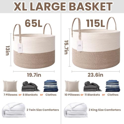JMvicyroam 65L Extra Large Machine Washable Cotton Rope Blanket Basket - color: White&Brown, size: 65L