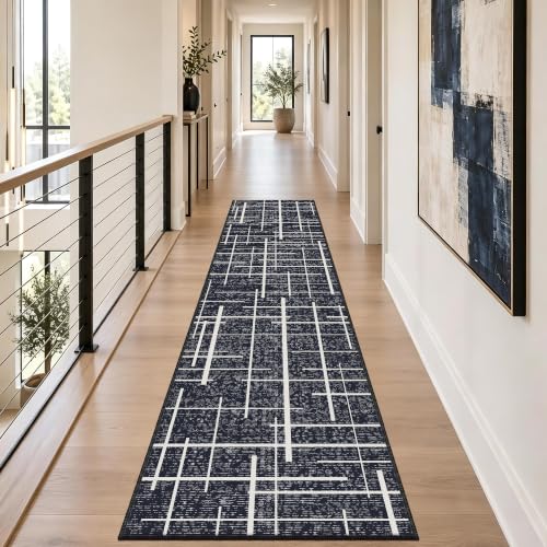 Modern Stripe Hallway Runner Rug Non Slip, Washable 2x10 Runner Rug, Woven Thin Low Pile Carpet Runners for Hallway 10ft Entryway, Kitchen, Walkway -Midnight Black - color: Striped-black/White, size: 2' x 10' (Runner)